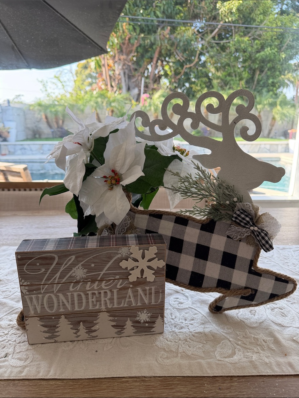 WONDERLAND Black & White Plaid Reindeer Table Accent